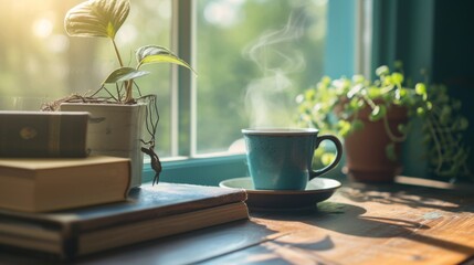 Steaming coffee cup and a stack of books on a wooden desk