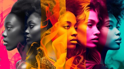 Vibrant collage featuring diverse women against a colorful, artistic background