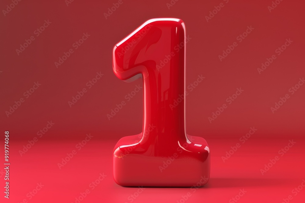 Poster a visually striking threedimensional representation of the number one, finished in a glossy red hue,