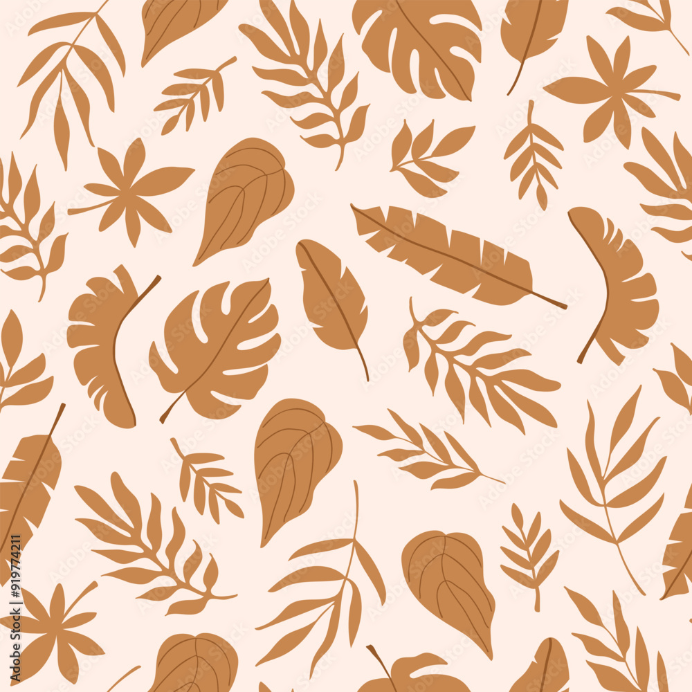 Poster autumn aesthetic seamless pattern of different abstract tropical leaves on a beige background. botan