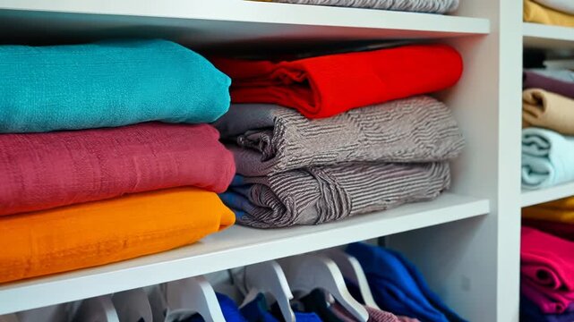 Colorful dresser with neatly folded clothes in various colors.