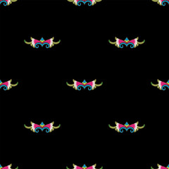 Seamless geometrical pattern with abstract vintage motifs. Folk style. On black background.