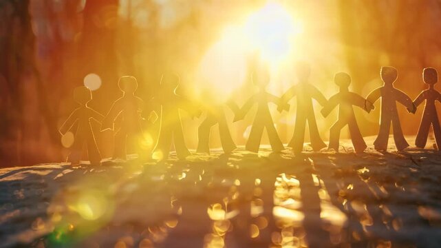 A group of silhouetted people standing together at sunset with hands interlocked, symbolizing unity and community. The warm glow of the sun casts shadows and reflections on the wet ground below.