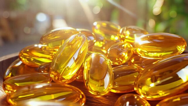 Sunlit wooden bowl overflowing with fish oil capsules, emphasizing their freshness and vibrant yellow color.