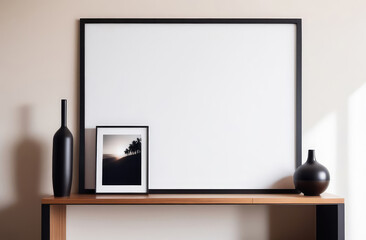 Black frame mockup with landscape picture, vase on table , modern home interior on sunny day