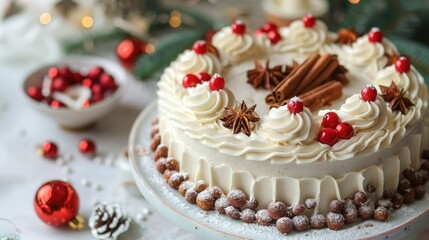 Homemade holiday cake with festive decor. Christmas theme. Blank area for text.