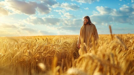 Jesus Christ is walking in a field with wheat