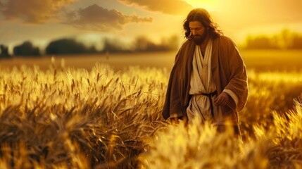 Jesus Christ is walking in a field with wheat