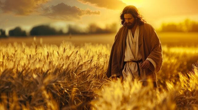 Jesus Christ is walking in a field with wheat