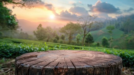 Fototapeta premium Wooden desk or stump with blurred tea plantation and evening sky as frame for product display - nature background idea