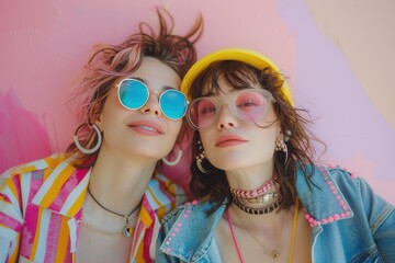 Obraz premium Colorful Friends Sharing Laughter Against a Vibrant Pink Backdrop in Sunny Afternoon