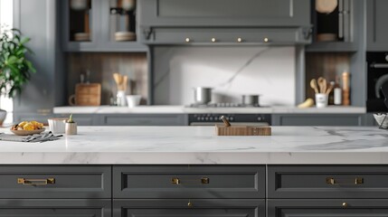 Front view of elegant interior with gray drawers under kitchen cabinet. empty wooden table and marble countertop in room. modern equipment for cooking.