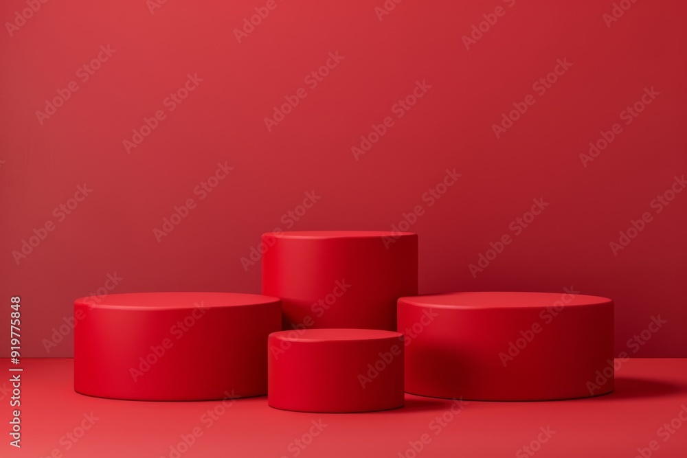 Poster four visually appealing red cylindrical podiums of varying sizes and shapes are artistically arrange