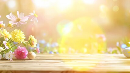 Vivid spring floral arrangement for festive celebrations, featuring a variety of bright flowers on a wooden table set against the backdrop of sunlight and a blurred background.