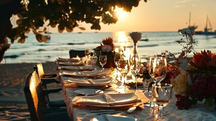 Dining table set up on sandy beach with ocean view at sunset.