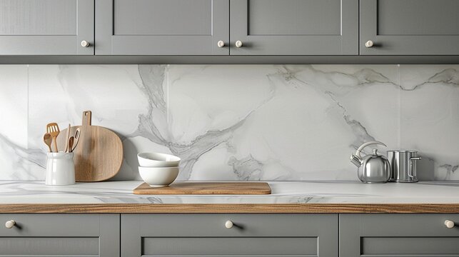 Front view of elegant interior with gray drawers under kitchen cabinet. empty wooden table and marble countertop in room. modern equipment for cooking.