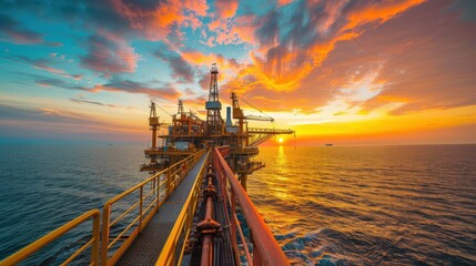 Petroleum Industry: Sunset at Offshore Production Platform with Crude Oil Exploration