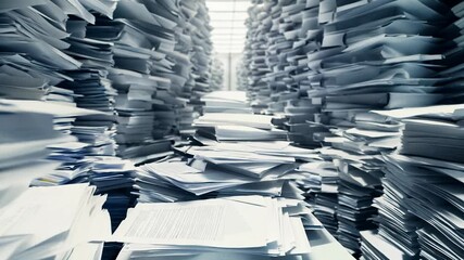 Overwhelmed office worker in the midst of chaotic stacks of papers and documents, conveying feelings of stress and information overload.