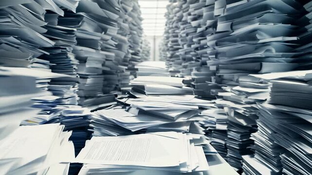 Overwhelmed office worker in the midst of chaotic stacks of papers and documents, conveying feelings of stress and information overload.