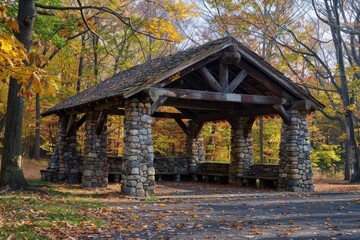 Picnic Shelter: Rustic Stone and Log Architecture in State Park Setting