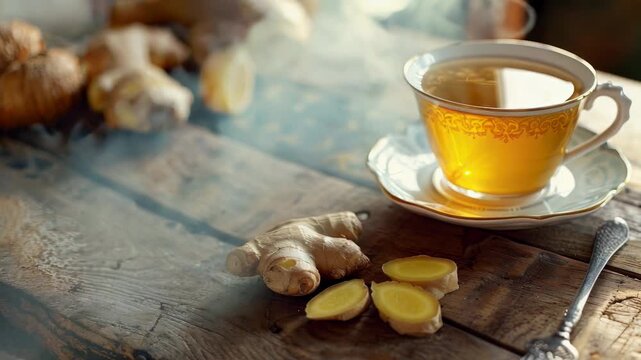 A soothing ginger and herbal tea in a cozy setting.