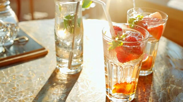 A refreshing array of cold summer beverages on a dining table, including iced tea and strawberry lemonade served with ice and fruit garnishes.