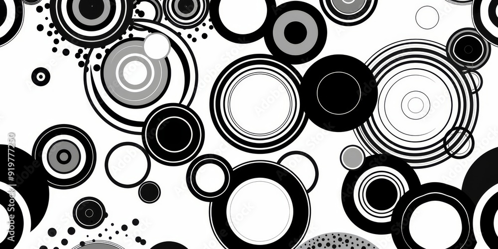 Poster this is a contemporary design showcasing an array of black and white circular shapes in different si