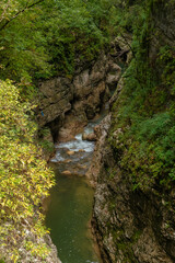 Fototapeta premium Mountain river with transparent foamy water and rocky bottom