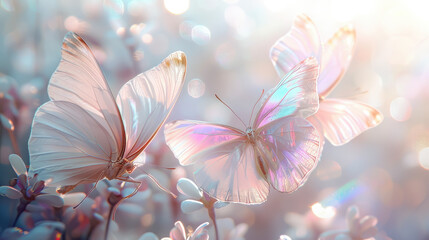 Fototapeta premium pearlescent white and pink butterflies, iridescent wings, natural background, pearl, insects, abstract pattern, radiance, shine, glow, art, wallpaper