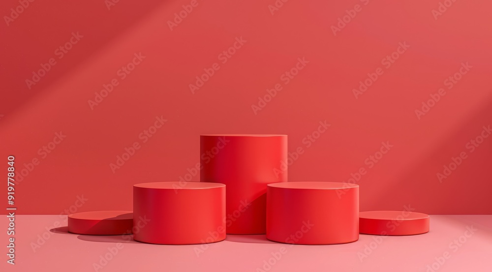 Poster the bold red cylindrical podiums against a matching background create a striking display, ideal for 