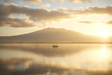 Fototapeta premium Two people in a small boat on a lake with a mountain in the background at sunrise. Generated by AI.