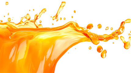Realistic illustration of bursts and droplets of orange juice set against a transparent background, perfect for refreshing beverage promotions.