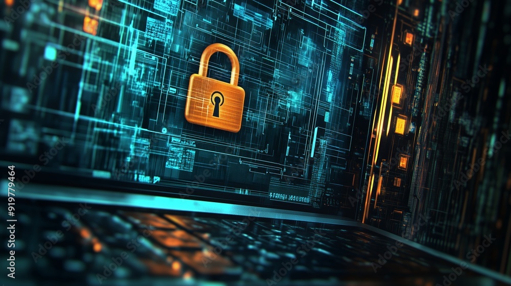 Poster a computer screen displaying a digital padlock symbolizing cybersecurity and data protection in a hi