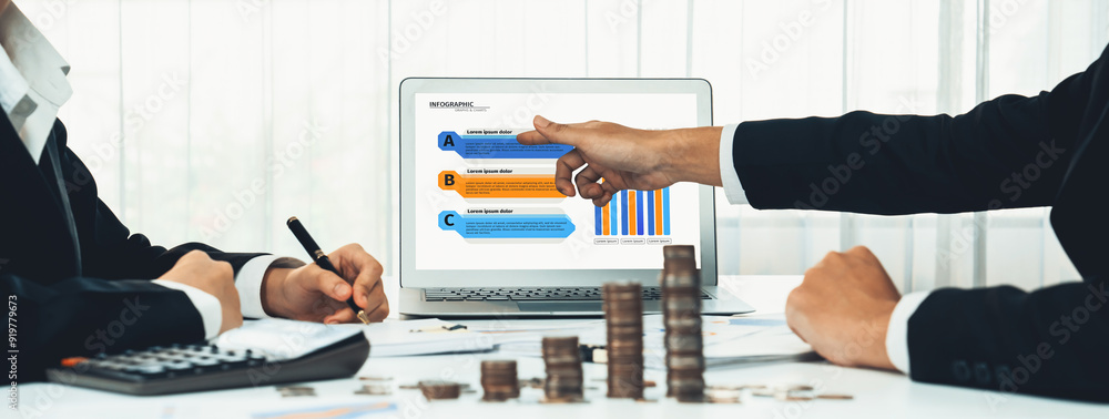 Poster business intelligence analyst use bi software on laptop to analyze financial data dashboard with gro