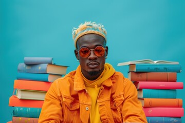 Creative Student Engaged in Study Amidst Colorful Stacks of Reference Books