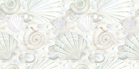Watercolor shell set. Seamless pattern hand drawn in watercolor. Design elements in nautical style. Suitable for cards, invitations and textiles, scrapbooking.