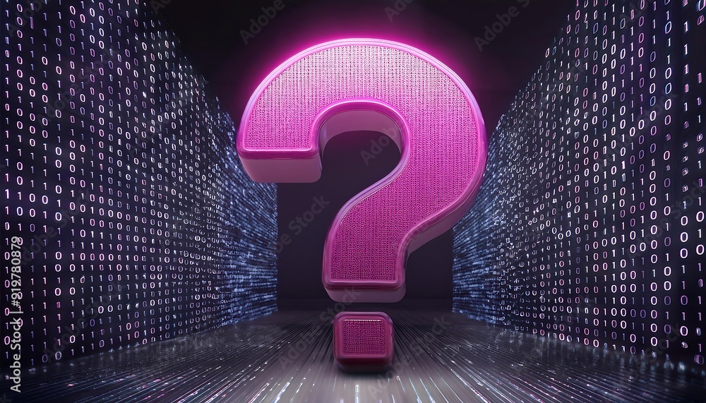 Poster Digital 3D pink Question Mark Embedded with Binary Code, Representing AI in Question Answering Systems, Natural Language Processing Algorithms, and Information Retrieval Platforms