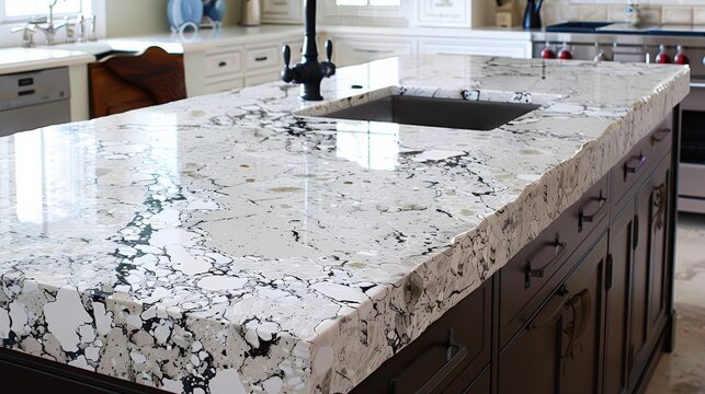 Quartz Counter Tops in Kitchen and Bathroom. Stone Surfaces for Worktops