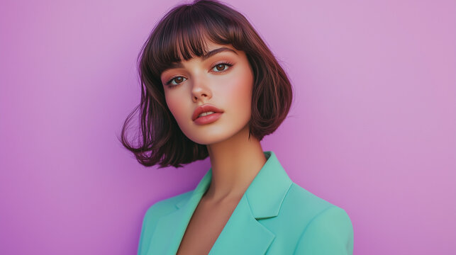 Woman in her 20s with a bob-cut brunette hairstyle and bangs, professional look, pastel purple background