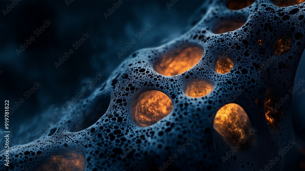Poster intricate patterns of glowing shapes illuminated within a dark, textured surface at night