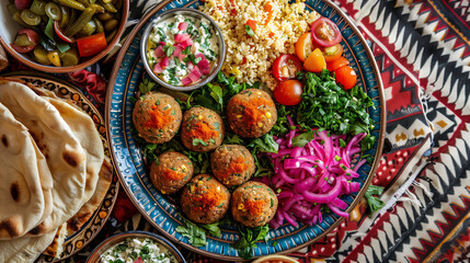 a vibrant falafel platter, including hummus, tabbouleh, and pita bread, served on a colorful, patterned tablecloth with a side of pickled vegetables