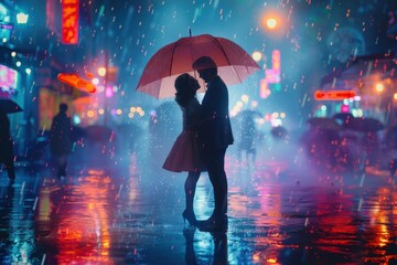 Couple Waltzing Under Umbrella on Rooftop in Rainy Night
