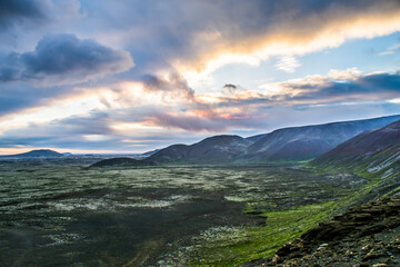 Naklejka premium volcano in Grindavik erupting and lava magma flowing to the hills of iceland
