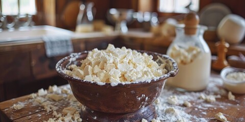 Bowl of flour on wooden table with other baking ingredients.