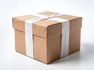 Brown gift box wrapped with white ribbon set against a plain background