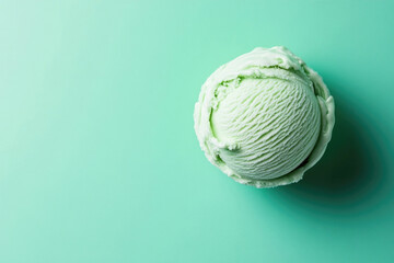 A top-down view of a mint green ice cream scoop on a mint green background.