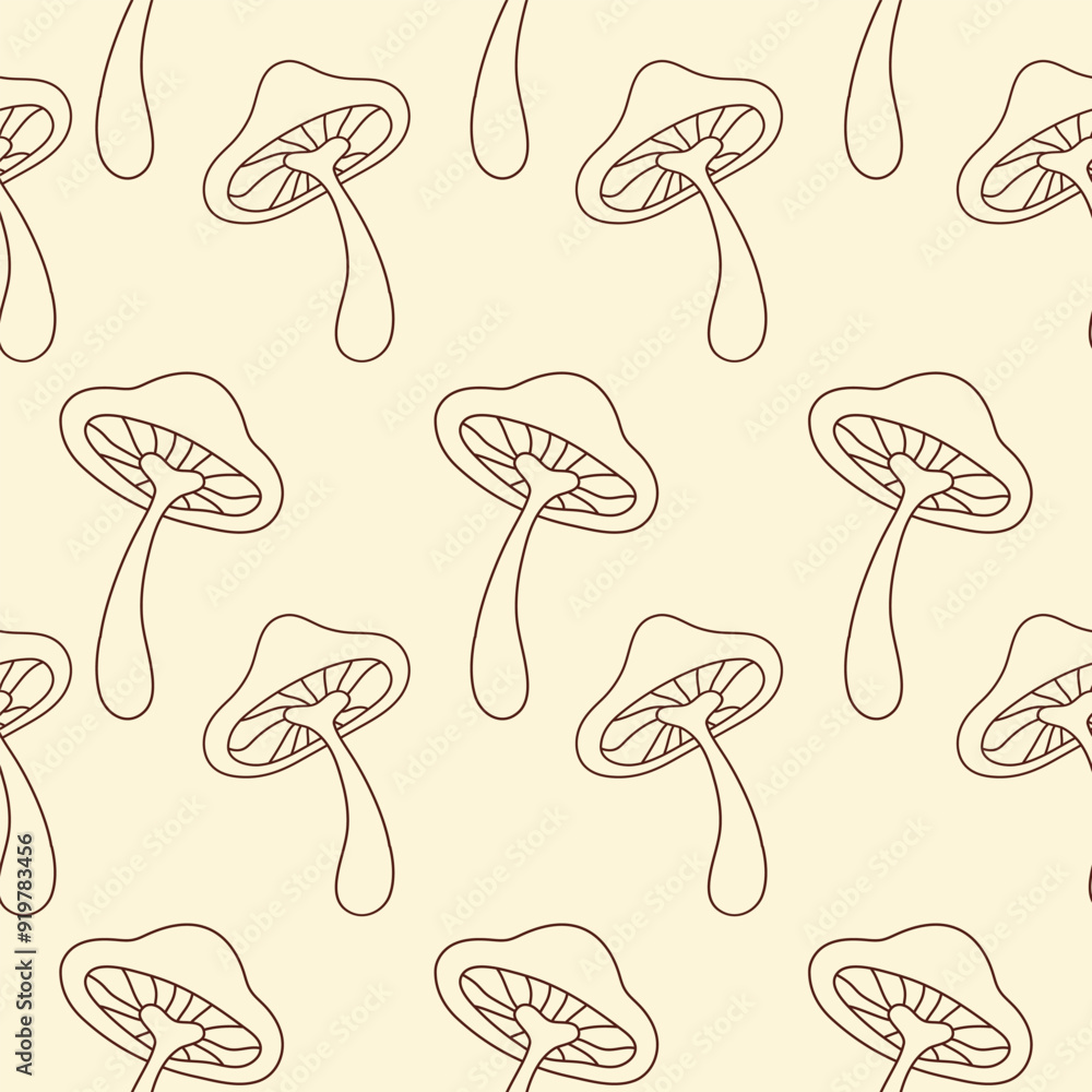 Poster floral linear seamless pattern with cute mushrooms on a beige background. groovy retro vintage minim