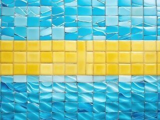 Naklejka premium Colorful mosaic art display featuring blue and yellow tiles in creative arrangement