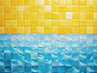 Vibrant mosaic artwork showcasing yellow and blue tiles representing sunlight above calm sea waves