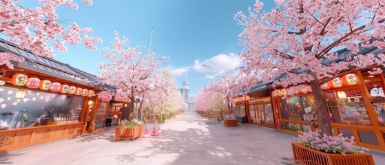 Cherry blossom trees line a street of traditional shops.